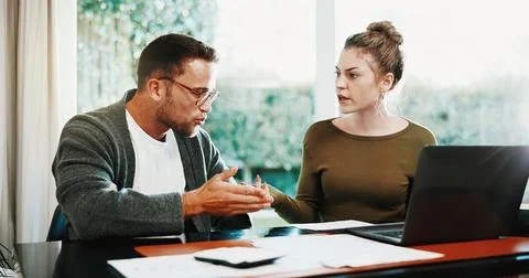Finance, documents and frustrated couple with laptop on sofa for debt Stock-Fotos