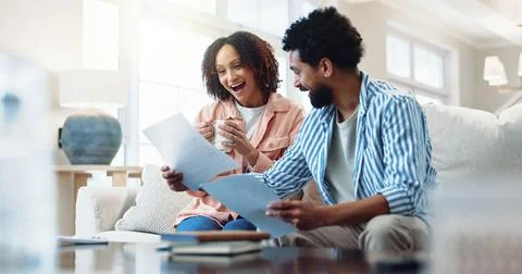 Finance, documents and happy couple with investment in home for profit, expenses Stock-Fotos
