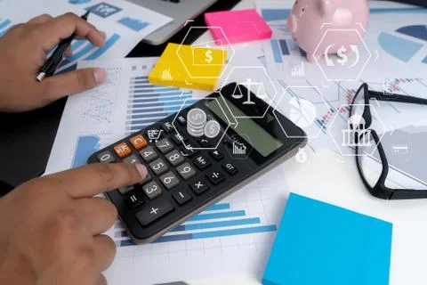 Finance documents digital graph finance with social network diagram Financing Stock Photos