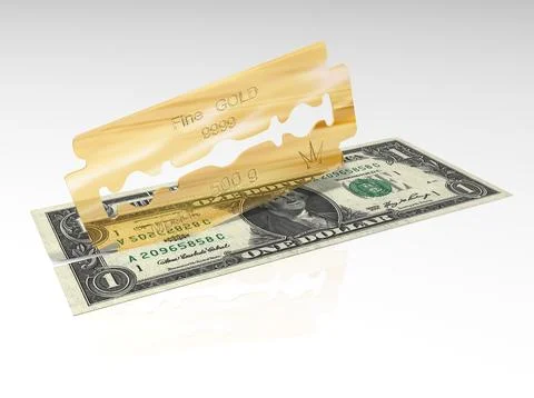 Finance. Dollar fall. Golden blade cuts bill. 3D render of a dollar. 库存插图