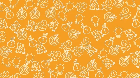 Finance doodle pattern featuring orange background icons of lightbulbs targets Vídeo Stock 335028822