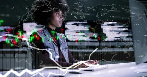Finance, double exposure and black woman with a computer for stats, data Stock Footage 235937749