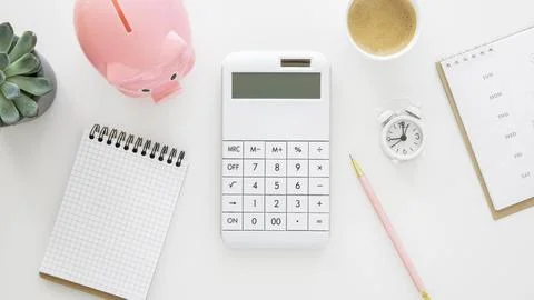 Finance elements arrangement with empty notepad calculator Resolution and high Foto stock
