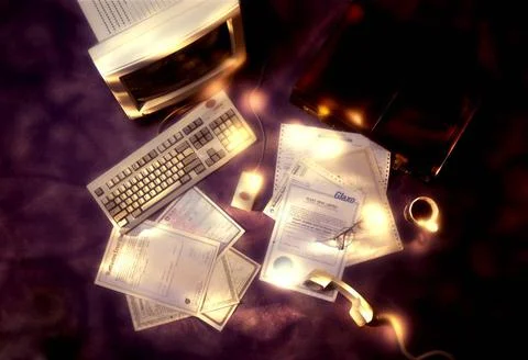 Finance ; Equity share certificates computer and briefcase on finance exec... 写真素材