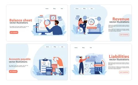 Finance essentials set. Professionals explore balance sheets. Illustrazione stock