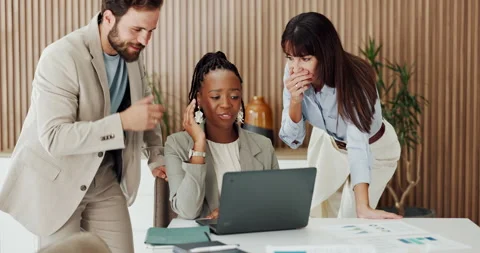 Finance, fail or team in office with laptop, client loss or missed payment in Stock Footage 329365271