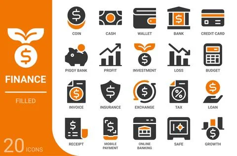 Finance filled glyph icon set,20 vector icons Stock Illustration