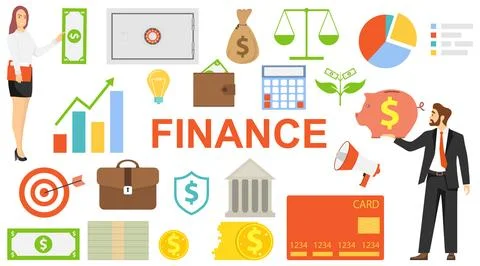 Finance. Financial elements and attributes. A group of mini people characters Stock Illustration