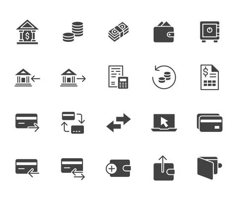 Finance flat icon set. Money transfer, bank account, credit card payment cash Stock Illustration