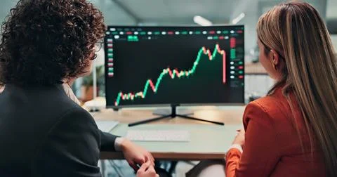 Finance, graph and people with computer screen for stock market, trading an.. Stock Photos