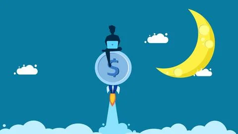 Finance grows. man working on laptop on rocket coin Illustrazione stock
