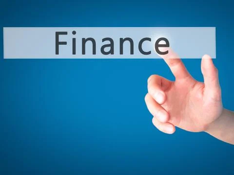Finance - Hand pressing a button on blurred background concept . Business, te Stock Photos