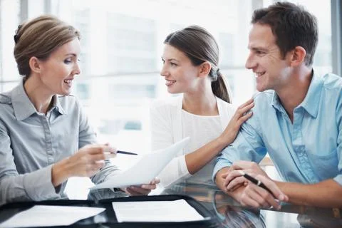 Finance, happy couple and document in meeting with consultant, insurance up.. Fotos de archivo