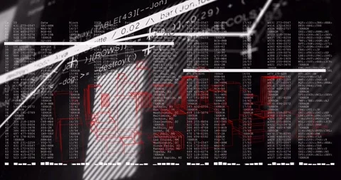 Finance HUD building from data feed, numeric columns, red bars and trend line Stockbeeldmateriaal 331161502