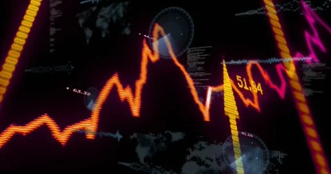 Finance HUD receiving live feed, orange line pulsing, yellow bars sliding for Stock Footage 330444052