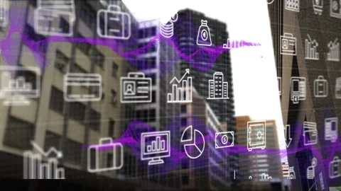 Finance icon grid, purple waveform moving across skyline, frames advancing, Stock Footage 331126153