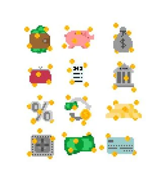 Finance icon pixel art set. 8 bit Sign for banking application Stockillustratie