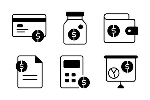 Finance icon set with payment card, saving jar, wallet, bank settlement, bu.. Stock Illustration
