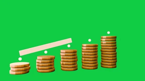 Finance icon showing coins growing right bar sliding in forming arrow showing Stock Footage 339724723