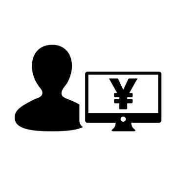 Finance icon vector male user person profile avatar with Yen sign and computer Stock Illustration
