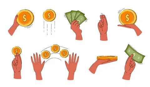 Finance illustration set. Sign hand holding coins. Money transfer, receive, hold Stock Illustration