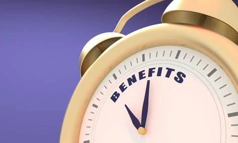 Finance management concept. Alarm clock with benefits text. 3D render Stock Illustration