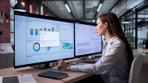 Finance Manager Analyzing Corporate Cashflow Using Cloud Software Stock Footage 334928073