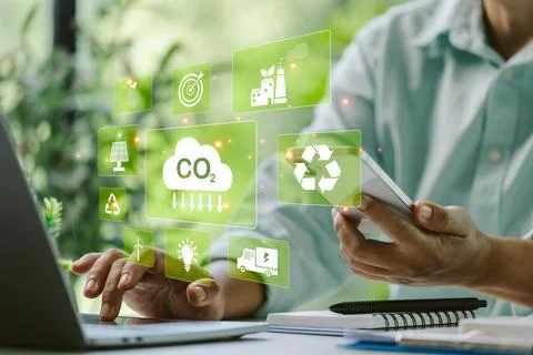 Finance manager implemented digital technology to monitor CO2 emissions, re.. Stock Photos
