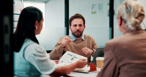 Finance, manager or team in firm with meeting, budget analysis or evaluation of Stock Footage 335922810
