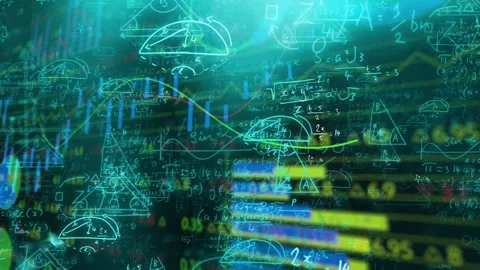Finance math layers moving, teal flare popping, showing trend, rising candles Stock Footage 333829980