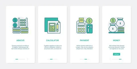 Finance methods of counting money payment UX, UI onboarding mobile app page Stock Illustration