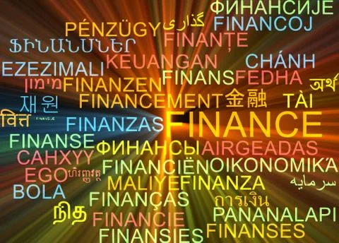 Finance multilanguage wordcloud background concept glowing Stock Illustration