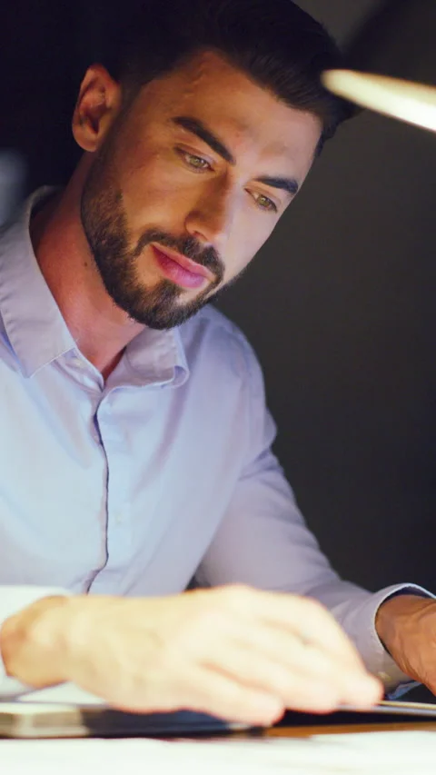 Finance, night and man in office with writing, funding ideas or data analysis Stock Footage 335773557