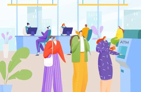 Finance office with queue, banking payment at interior vector illustration Stock Illustration