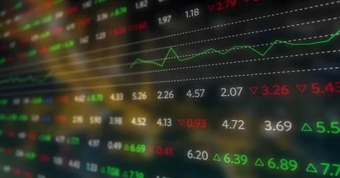 Finance panel updating from live feed tracking market moves via moving line and Stock Illustration