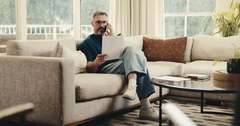 Finance, phone call or man in house with paper, budget review or fintech Vidéo 342232875