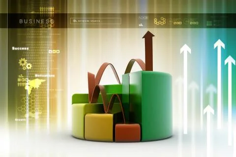 Finance pie and bar chart graphs with growing arrow Stock Illustration