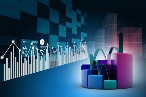 Finance pie and bar chart graphs with growing arrow 스톡 일러스트