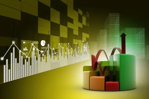 Finance pie and bar chart graphs with growing arrow Stock Illustration