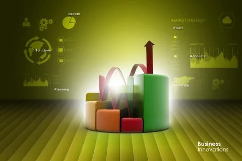 Finance pie and bar chart graphs with growing arrow Stock Illustration