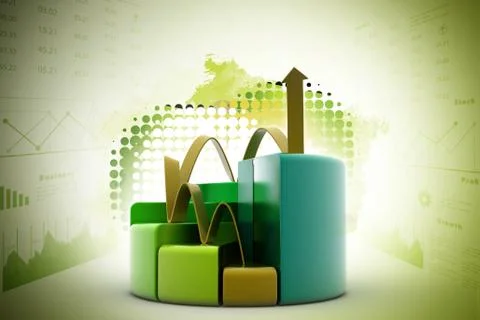 Finance pie and bar chart graphs with growing arrow Stock Illustration
