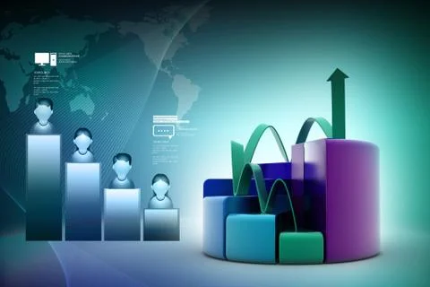 Finance pie and bar chart graphs with growing arrow Stock Illustration