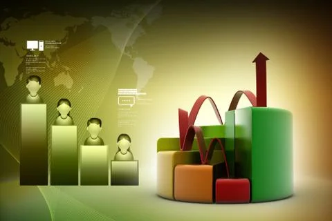 Finance pie and bar chart graphs with growing arrow Stock Illustration