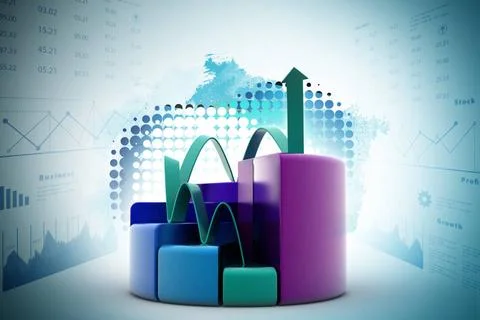 Finance pie and bar chart graphs with growing arrow finance pie and bar ch... Stock Photos