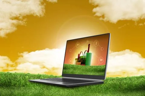 Finance pie and bar chart graphs with growing arrow in laptop finance pie ... Stock Photos