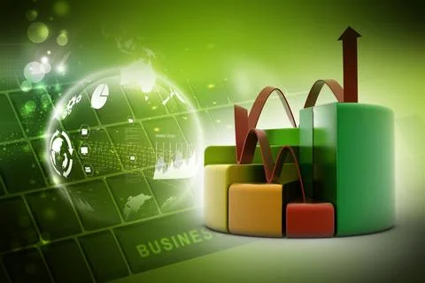 Finance pie and bar chart graphs with growing arrow finance pie and bar ch... Stock Photos