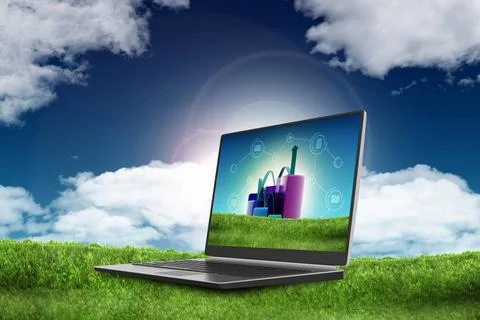 Finance pie and bar chart graphs with growing arrow in laptop finance pie ... Stock Photos