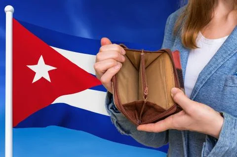 Finance problem in Cuba. Poor person with empty wallet on national flag backg Foto stock