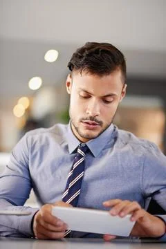 Finance, problem solving and tablet with business man in office for account Foto stock