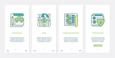 Finance problem solving, protection technology UX, UI mobile app page screen set 스톡 일러스트